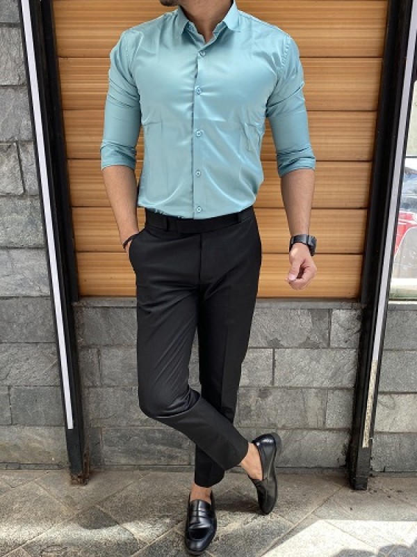 Turquoise shirt shop grey pants